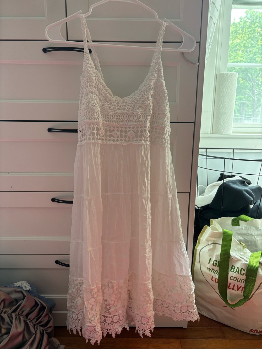 White Crochet Bodice Mini Dress - Lightweight Summer Dress